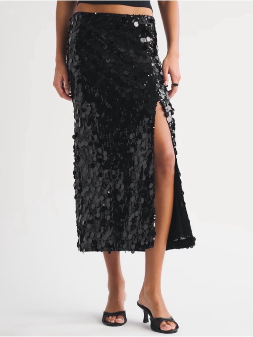 Abercrombie & Fitch Black Sequin Side-Slit Midi Skirt